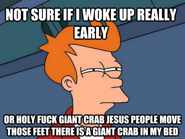 Not sure if i woke up really early or holy fuck giant crab jesus people move those feet there is a giant crab in my bed  Futurama Fry