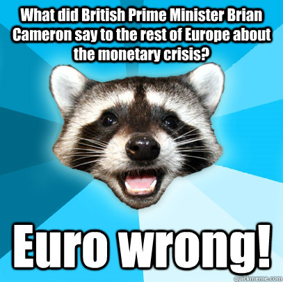 What did British Prime Minister Brian Cameron say to the rest of Europe about the monetary crisis? Euro wrong!  Lame Pun Coon