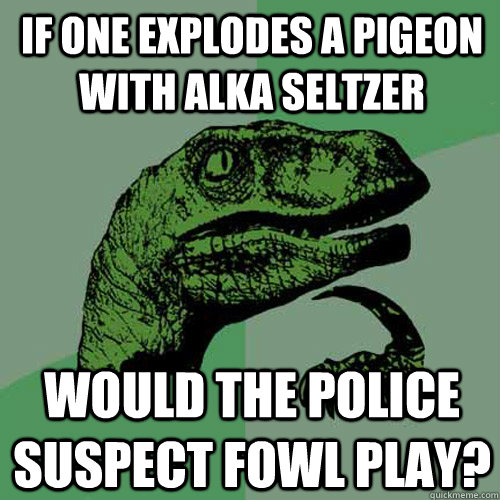 If one explodes a pigeon with alka seltzer Would the police suspect fowl play?  Philosoraptor