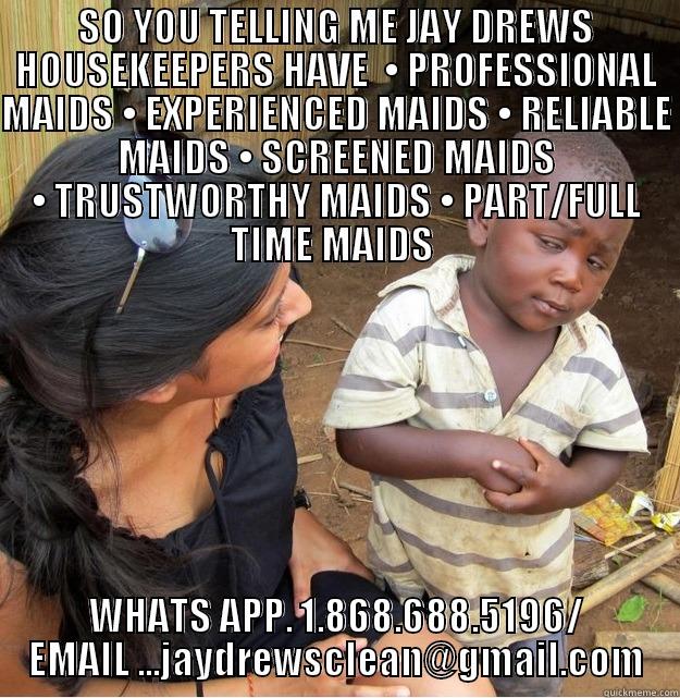 SO YOU TELLING ME JAY DREWS HOUSEKEEPERS HAVE  •	PROFESSIONAL MAIDS •	EXPERIENCED MAIDS •	RELIABLE MAIDS •	SCREENED MAIDS •	TRUSTWORTHY MAIDS •	PART/FULL TIME MAIDS  WHATS APP. 1.868.688.5196/ EMAIL ...JAYDREWSCLEAN@GMAIL.COM Skeptical Third World Kid