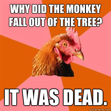 Why did the monkey fall out of the tree? It was dead.  Anti-Joke Chicken