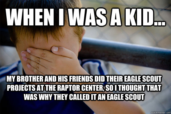 WHEN I WAS A KID... My brother and his friends did their eagle scout projects at the raptor center, so i thought that was why they called it an eagle scout - WHEN I WAS A KID... My brother and his friends did their eagle scout projects at the raptor center, so i thought that was why they called it an eagle scout  Confession kid