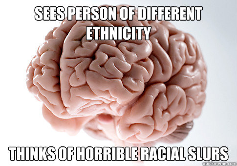 Sees person of different ethnicity thinks of horrible racial slurs  Scumbag Brain