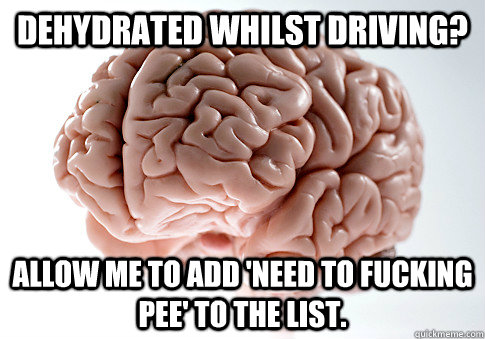 dehydrated whilst driving? allow me to add 'need to fucking pee' to the list.  Scumbag Brain