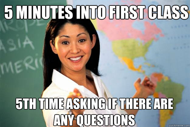 5 minutes into first class 5th time asking if there are any questions  Unhelpful High School Teacher