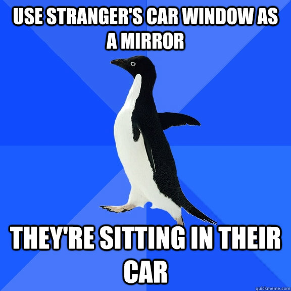 use stranger's car window as a mirror they're sitting in their car  Socially Awkward Penguin