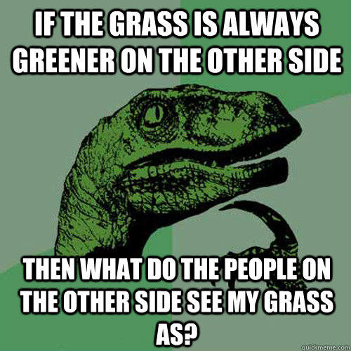 If the grass is always greener on the other side Then what do the people on the other side see my grass as? - If the grass is always greener on the other side Then what do the people on the other side see my grass as?  Philosoraptor