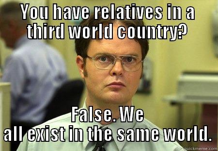 You have relatives in a third world country? False. We all exist in the same world. - YOU HAVE RELATIVES IN A THIRD WORLD COUNTRY? FALSE. WE ALL EXIST IN THE SAME WORLD. Schrute