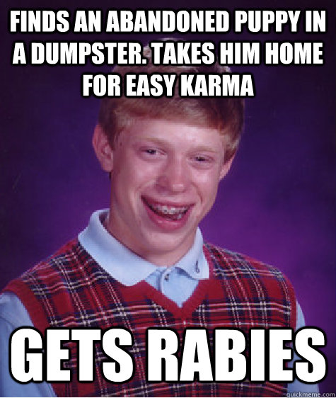 Finds an abandoned puppy in a dumpster. Takes him home for easy karma Gets rabies Caption 3 goes here  Bad Luck Brian