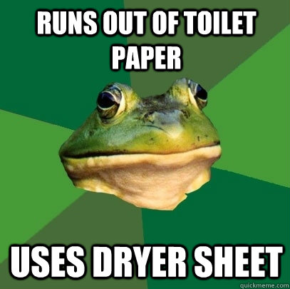 runs out of toilet paper uses dryer sheet - runs out of toilet paper uses dryer sheet  Foul Bachelor Frog