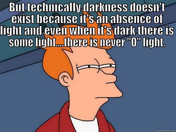 BUT TECHNICALLY DARKNESS DOESN'T EXIST BECAUSE IT'S AN ABSENCE OF LIGHT AND EVEN WHEN IT'S DARK THERE IS SOME LIGHT....THERE IS NEVER 