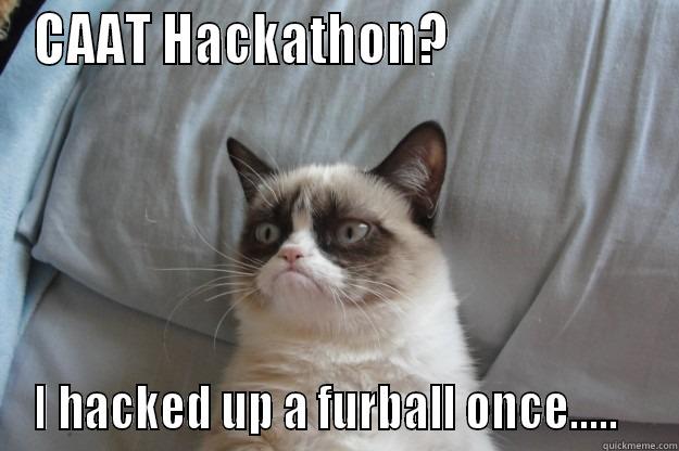 CAAT HACKATHON?                    I HACKED UP A FURBALL ONCE.....   Grumpy Cat