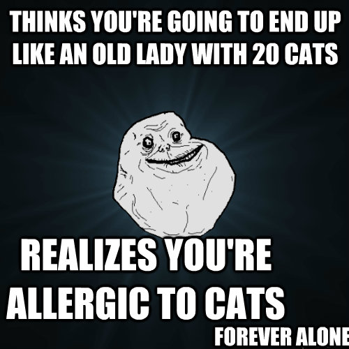 Thinks you're going to end up like an old lady with 20 cats Realizes you're allergic to cats forever alone  Forever Alone