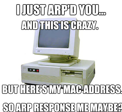 I just ARP'd you... And this is crazy. But here's my MAC address. So ARP response me maybe?  Your First Computer