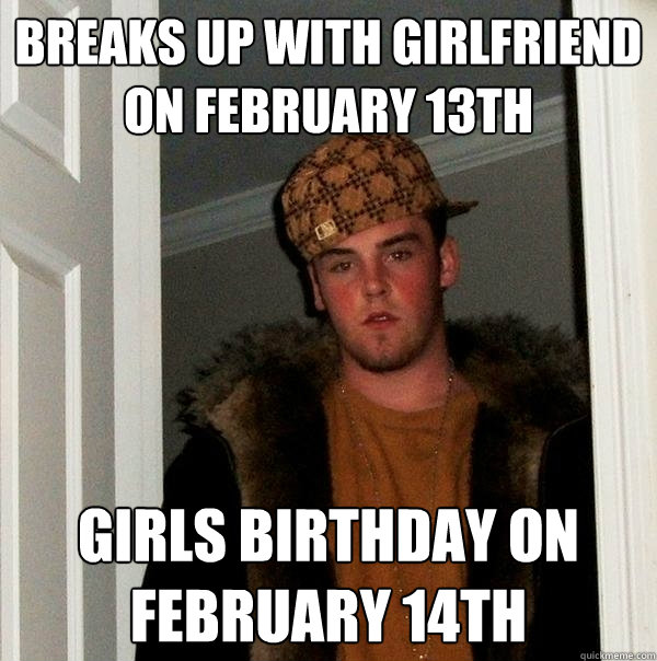 Breaks up with girlfriend on February 13th Girls birthday on February 14th  Scumbag Steve