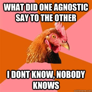 what did one agnostic say to the other I dont know, nobody knows  Anti-Joke Chicken