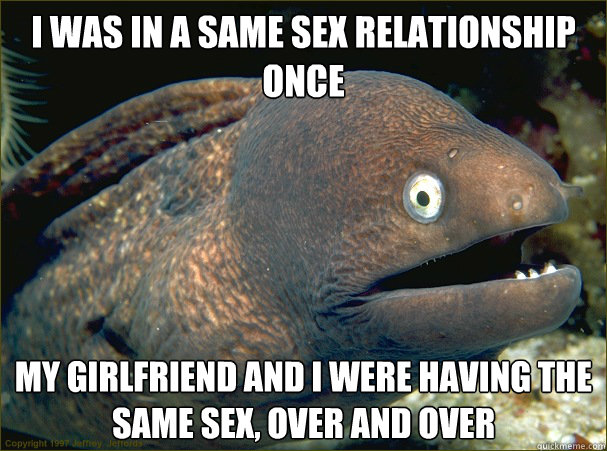 i was in a same sex relationship once my girlfriend and i were having the same sex, over and over  Bad Joke Eel