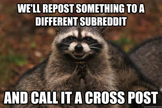 We'll repost something to a different subreddit and call it a cross post  Evil Plotting Raccoon