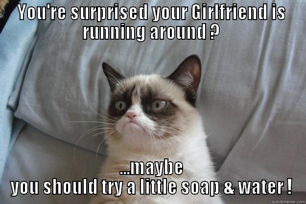 YOU'RE SURPRISED YOUR GIRLFRIEND IS RUNNING AROUND ? ...MAYBE YOU SHOULD TRY A LITTLE SOAP & WATER ! Grumpy Cat