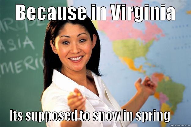     BECAUSE IN VIRGINIA     ITS SUPPOSED TO SNOW IN SPRING     Unhelpful High School Teacher