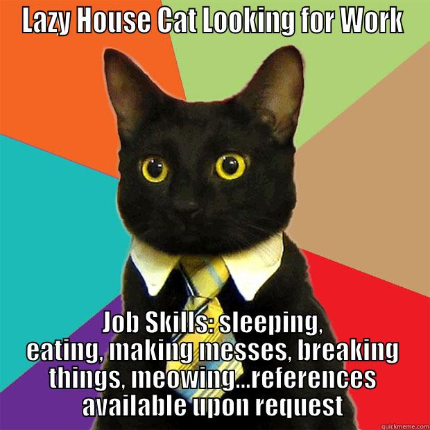 Employment needed - LAZY HOUSE CAT LOOKING FOR WORK JOB SKILLS: SLEEPING, EATING, MAKING MESSES, BREAKING THINGS, MEOWING...REFERENCES AVAILABLE UPON REQUEST Business Cat