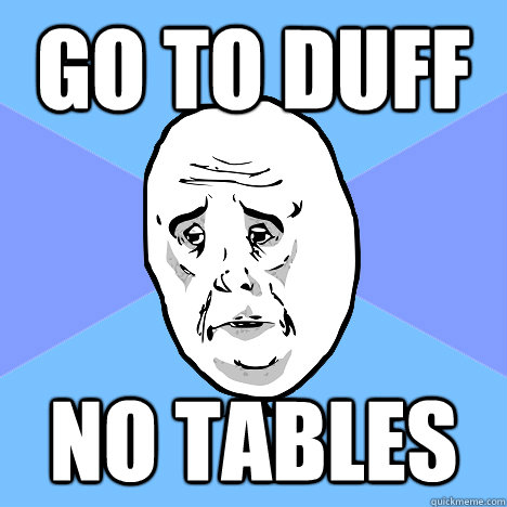 go to duff no tables  Okay Guy