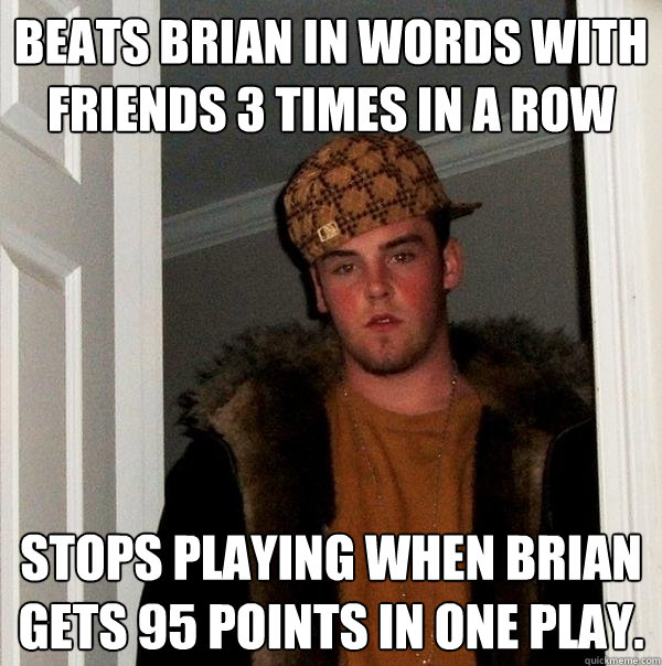 Beats brian in Words with Friends 3 times in a row Stops playing when Brian gets 95 points in one play. - Beats brian in Words with Friends 3 times in a row Stops playing when Brian gets 95 points in one play.  Scumbag Steve