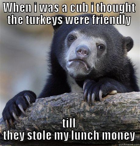 WHEN I WAS A CUB I THOUGHT THE TURKEYS WERE FRIENDLY TILL THEY STOLE MY LUNCH MONEY Confession Bear