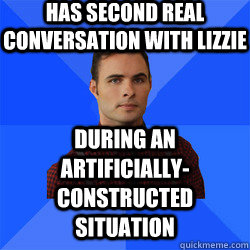 has second real conversation with Lizzie during an artificially-constructed situation  Socially Awkward Darcy