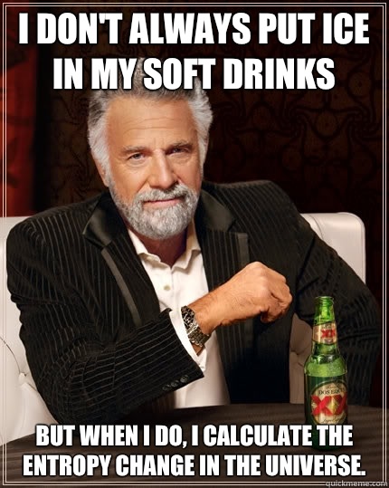 I don't always put ice in my soft drinks but when I do, I calculate the entropy change in the universe.  The Most Interesting Man In The World