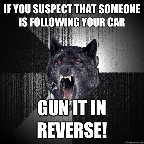 If you suspect that someone is following your car GUN IT IN REVERSE!  Insanity Wolf