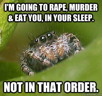 I'm going to rape, murder & eat you, in your sleep. Not in that order. - I'm going to rape, murder & eat you, in your sleep. Not in that order.  Misunderstood Spider