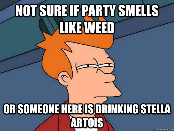 Not sure if party smells like weed Or someone here is drinking Stella Artois  Futurama Fry