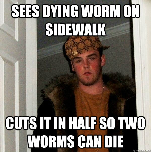 sees dying worm on sidewalk cuts it in half so two worms can die - sees dying worm on sidewalk cuts it in half so two worms can die  Scumbag Steve