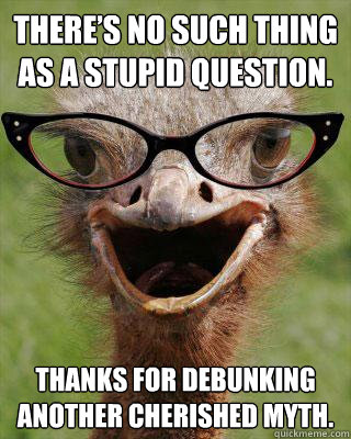 There’s no such thing as a stupid question.
 Thanks for debunking another cherished myth. - There’s no such thing as a stupid question.
 Thanks for debunking another cherished myth.  Judgmental Bookseller Ostrich