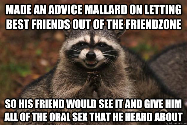 Made an Advice mallard on letting best friends out of the friendzone so his friend would see it and give him all of the oral sex that he heard about   Evil Plotting Raccoon