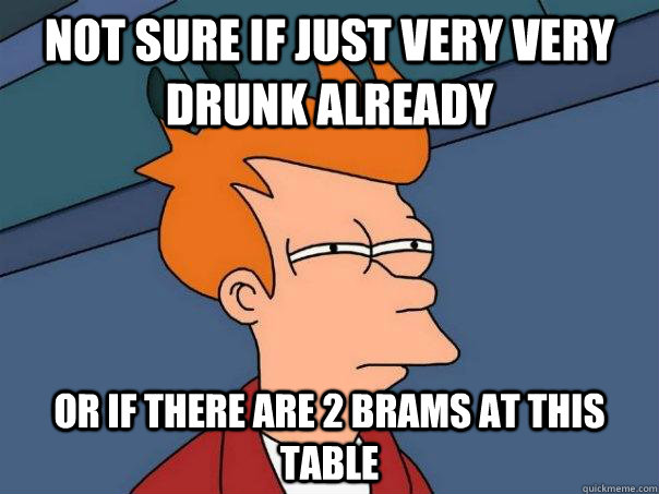 NOT SURE IF just very very drunk already OR IF there are 2 brams at this table  Futurama Fry