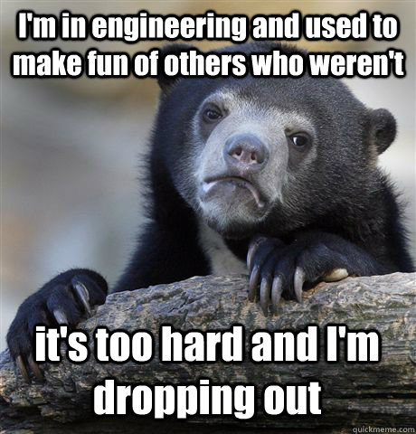 I'm in engineering and used to make fun of others who weren't it's too hard and I'm dropping out  Confession Bear