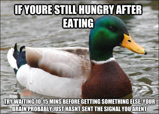 If youre still hungry after eating 
Try waiting 10-15 mins before getting something else. Your brain probably just hasnt sent the signal you arent - If youre still hungry after eating 
Try waiting 10-15 mins before getting something else. Your brain probably just hasnt sent the signal you arent  Actual Advice Mallard