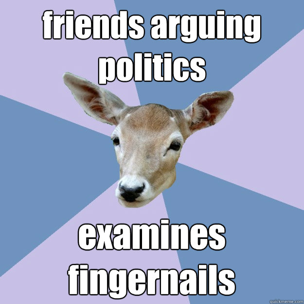 friends arguing politics examines fingernails  