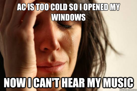 AC is too cold so I opened my windows Now I can't hear my music  First World Problems