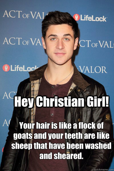 Hey Christian Girl! 
Your hair is like a flock of goats and your teeth are like sheep that have been washed and sheared. - Hey Christian Girl! 
Your hair is like a flock of goats and your teeth are like sheep that have been washed and sheared.  Hey Christian Girl