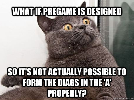 what if pregame is designed so it's not actually possible to form the diags in the 'A' properly?  conspiracy cat