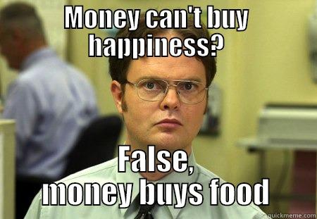 MONEY CAN'T BUY HAPPINESS? FALSE, MONEY BUYS FOOD Schrute