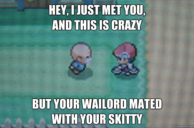 Hey, I just met you,
And this is crazy but your Wailord mated
with your Skitty  