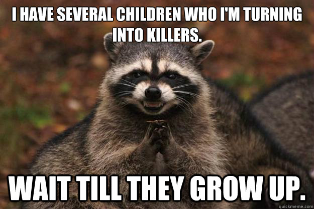 I have several children who I'm turning into killers. Wait till they grow up.   Evil Plotting Raccoon