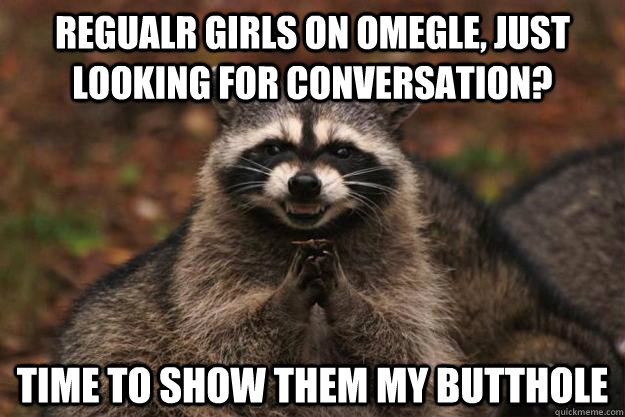 Regualr girls on omegle, just looking for conversation? Time to show them my butthole  Evil Plotting Raccoon