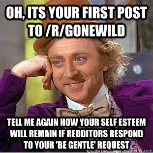 Oh, its your first post to /r/gonewild tell me again how your self esteem will remain if redditors respond to your 'be gentle' request - Oh, its your first post to /r/gonewild tell me again how your self esteem will remain if redditors respond to your 'be gentle' request  Condescending Wonka