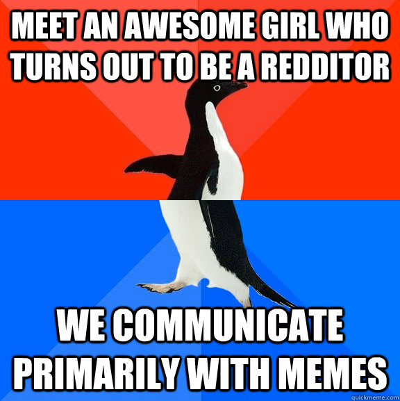 MEet an awesome girl who turns out to be a redditor We communicate primarily with memes  Socially Awesome Awkward Penguin