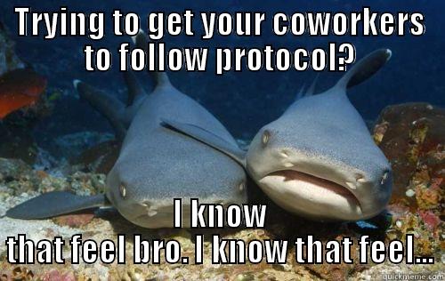 TRYING TO GET YOUR COWORKERS TO FOLLOW PROTOCOL? I KNOW THAT FEEL BRO. I KNOW THAT FEEL... Compassionate Shark Friend